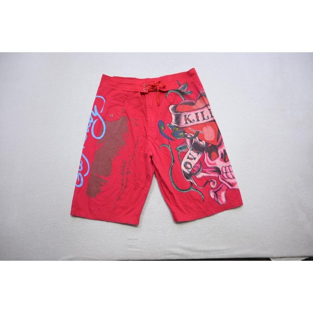 Vtg Ed Hardy Men's Red "Surf or Die" Board Shorts Sz Large Graphic Swim‎ Trunks